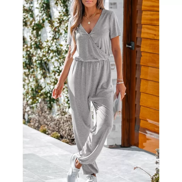 imageCUPSHE Womens V Neck Casual Loose Short Sleeves Jumpsuit Elastic Waist Stretchy Long Romper JumpsuitGrey