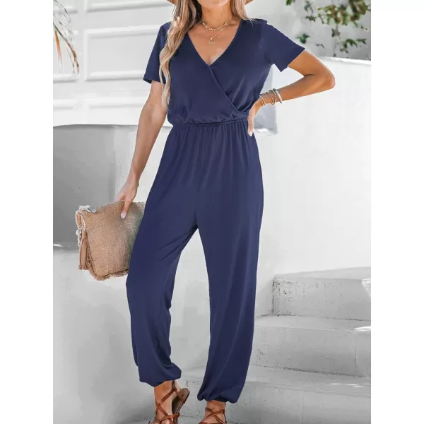 imageCUPSHE Womens V Neck Casual Loose Short Sleeves Jumpsuit Elastic Waist Stretchy Long Romper JumpsuitNavy