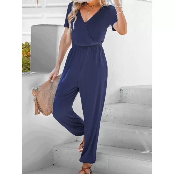 imageCUPSHE Womens V Neck Casual Loose Short Sleeves Jumpsuit Elastic Waist Stretchy Long Romper JumpsuitNavy