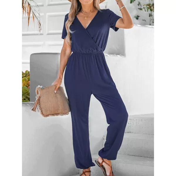 imageCUPSHE Womens V Neck Casual Loose Short Sleeves Jumpsuit Elastic Waist Stretchy Long Romper JumpsuitNavy