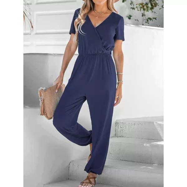 imageCUPSHE Womens V Neck Casual Loose Short Sleeves Jumpsuit Elastic Waist Stretchy Long Romper JumpsuitNavy