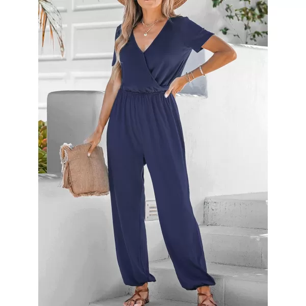 imageCUPSHE Womens V Neck Casual Loose Short Sleeves Jumpsuit Elastic Waist Stretchy Long Romper JumpsuitNavy