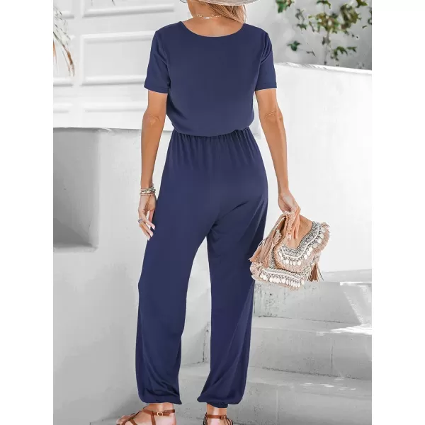 imageCUPSHE Womens V Neck Casual Loose Short Sleeves Jumpsuit Elastic Waist Stretchy Long Romper JumpsuitNavy