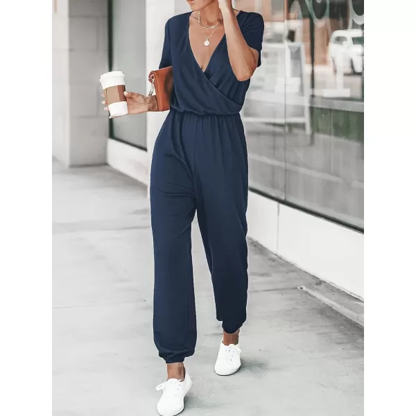 imageCUPSHE Womens V Neck Casual Loose Short Sleeves Jumpsuit Elastic Waist Stretchy Long Romper JumpsuitNavy Blue