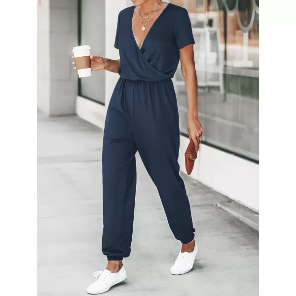 imageCUPSHE Womens V Neck Casual Loose Short Sleeves Jumpsuit Elastic Waist Stretchy Long Romper JumpsuitNavy Blue