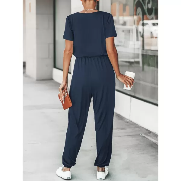 imageCUPSHE Womens V Neck Casual Loose Short Sleeves Jumpsuit Elastic Waist Stretchy Long Romper JumpsuitNavy Blue