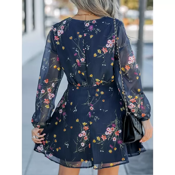 imageCUPSHE Womens V Neck Chiffon Floral Print Sheer Long Sleeve A Line Mini Dress Navy BlueNavy Blue