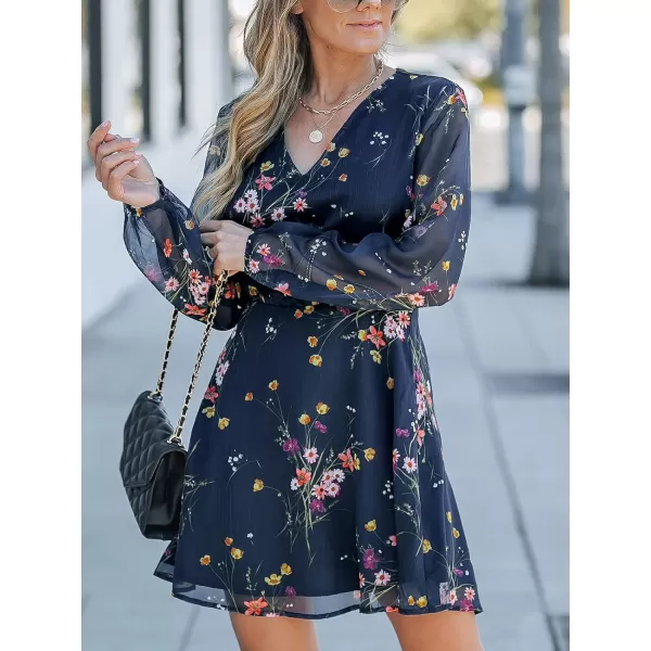imageCUPSHE Womens V Neck Chiffon Floral Print Sheer Long Sleeve A Line Mini Dress Navy BlueNavy Blue