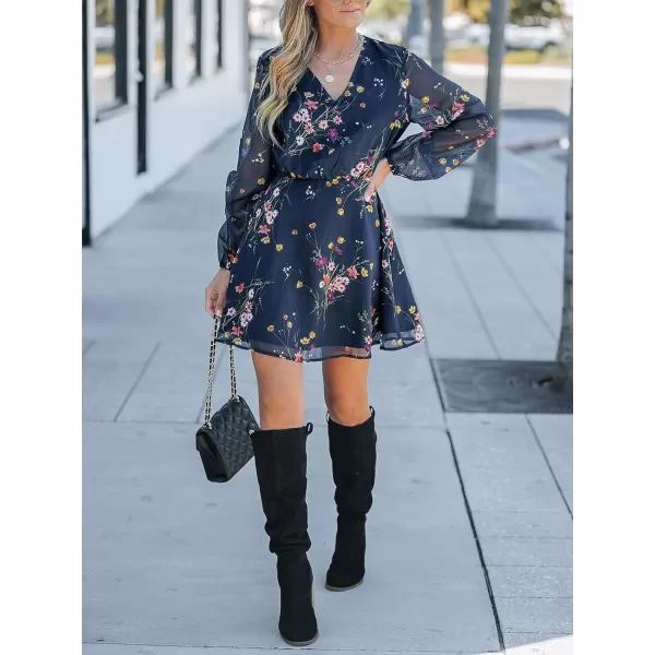 imageCUPSHE Womens V Neck Chiffon Floral Print Sheer Long Sleeve A Line Mini Dress Navy BlueNavy Blue
