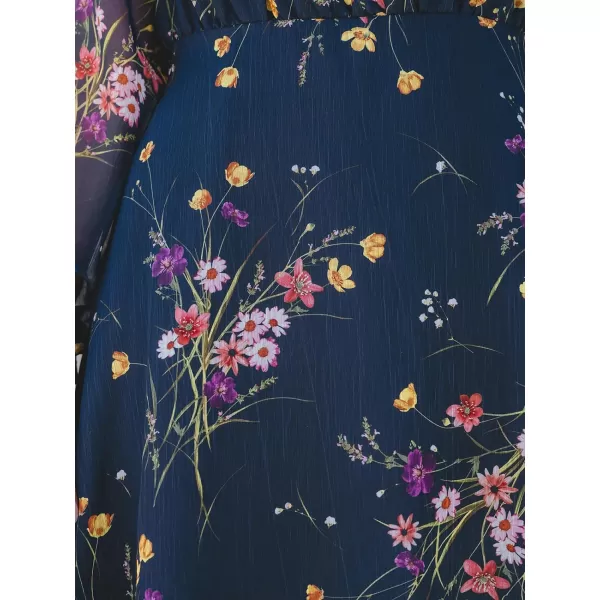 imageCUPSHE Womens V Neck Chiffon Floral Print Sheer Long Sleeve A Line Mini Dress Navy BlueNavy Blue