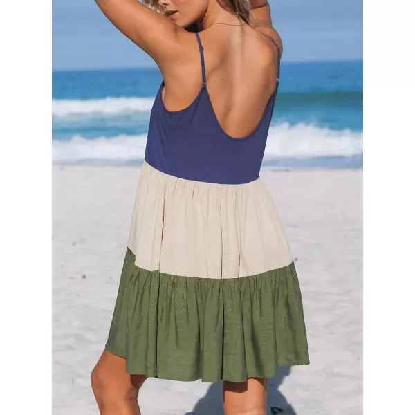 imageCUPSHE Womens V Neck Colorblock Sleeveless Flounce Beach Summer Mini Cami DressBlueGreen