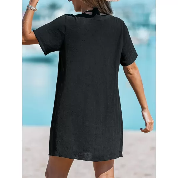 imageCUPSHE Womens V Neck Cover Up Dress Short Sleeve Semisheer Beach Mini DressBlack