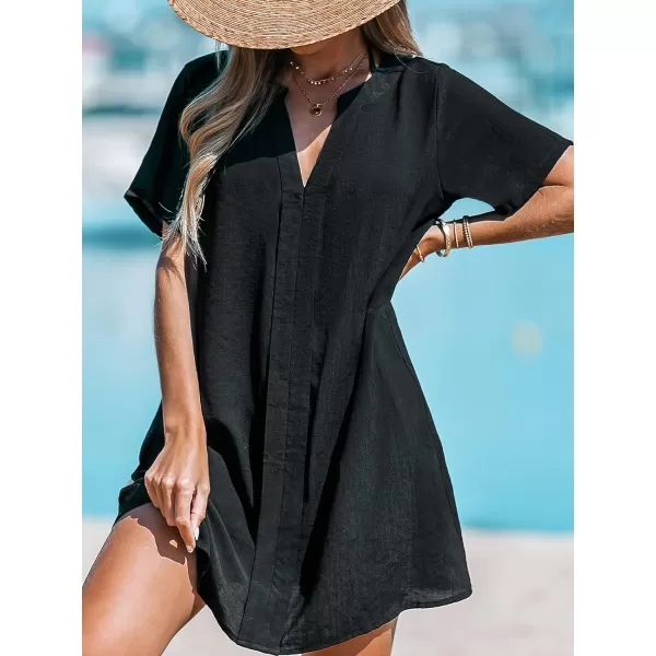 imageCUPSHE Womens V Neck Cover Up Dress Short Sleeve Semisheer Beach Mini DressBlack