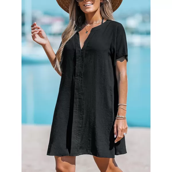 imageCUPSHE Womens V Neck Cover Up Dress Short Sleeve Semisheer Beach Mini DressBlack