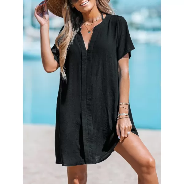 imageCUPSHE Womens V Neck Cover Up Dress Short Sleeve Semisheer Beach Mini DressBlack