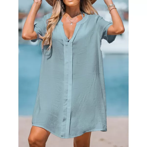 imageCUPSHE Womens V Neck Cover Up Dress Short Sleeve Semisheer Beach Mini DressBlue