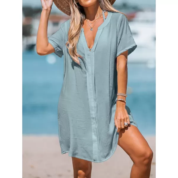 imageCUPSHE Womens V Neck Cover Up Dress Short Sleeve Semisheer Beach Mini DressBlue