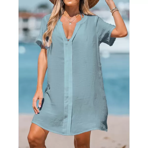 imageCUPSHE Womens V Neck Cover Up Dress Short Sleeve Semisheer Beach Mini DressBlue