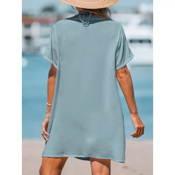 imageCUPSHE Womens V Neck Cover Up Dress Short Sleeve Semisheer Beach Mini DressBlue
