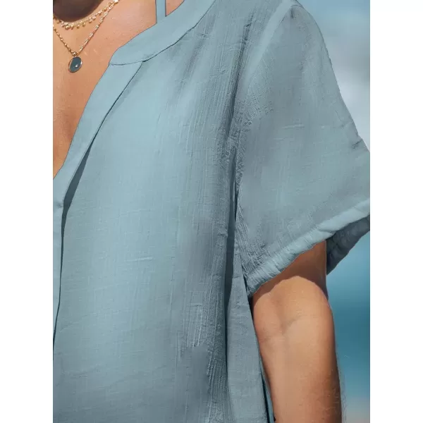 imageCUPSHE Womens V Neck Cover Up Dress Short Sleeve Semisheer Beach Mini DressBlue
