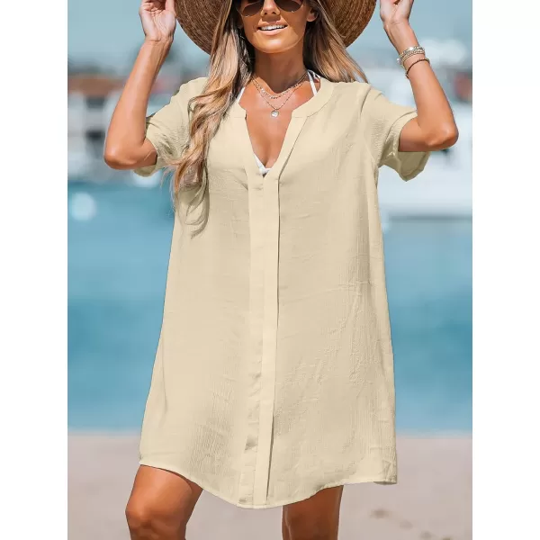 imageCUPSHE Womens V Neck Cover Up Dress Short Sleeve Semisheer Beach Mini DressBrown