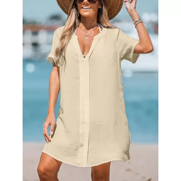 imageCUPSHE Womens V Neck Cover Up Dress Short Sleeve Semisheer Beach Mini DressBrown