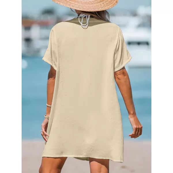 imageCUPSHE Womens V Neck Cover Up Dress Short Sleeve Semisheer Beach Mini DressBrown