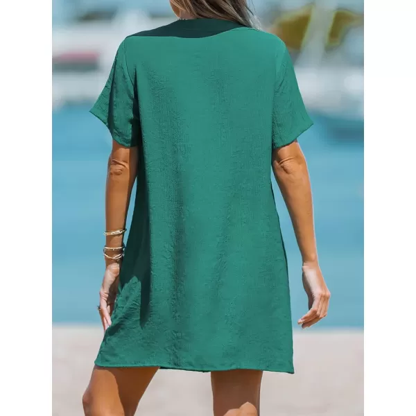 imageCUPSHE Womens V Neck Cover Up Dress Short Sleeve Semisheer Beach Mini DressGreen