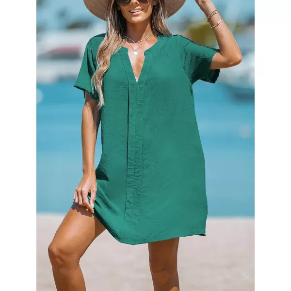 imageCUPSHE Womens V Neck Cover Up Dress Short Sleeve Semisheer Beach Mini DressGreen