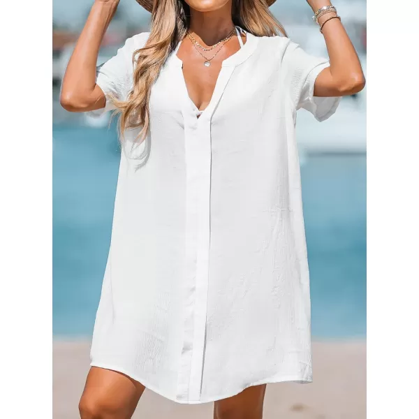 imageCUPSHE Womens V Neck Cover Up Dress Short Sleeve Semisheer Beach Mini DressWhite