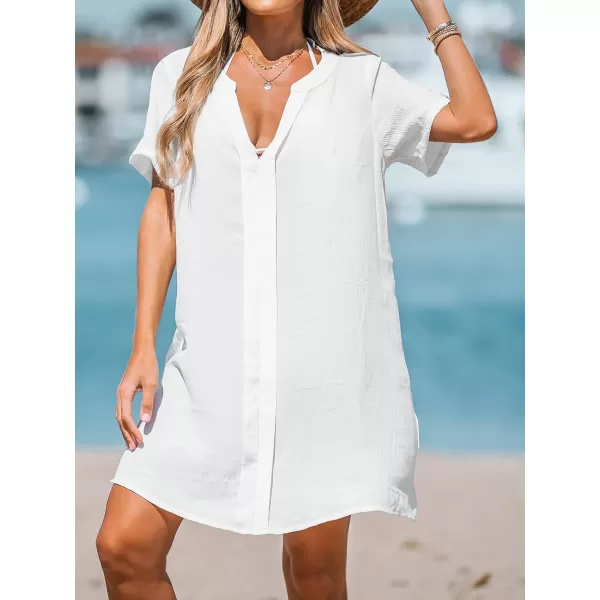 imageCUPSHE Womens V Neck Cover Up Dress Short Sleeve Semisheer Beach Mini DressWhite