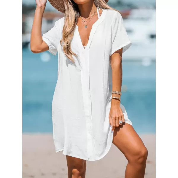 imageCUPSHE Womens V Neck Cover Up Dress Short Sleeve Semisheer Beach Mini DressWhite