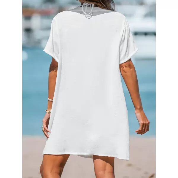 imageCUPSHE Womens V Neck Cover Up Dress Short Sleeve Semisheer Beach Mini DressWhite