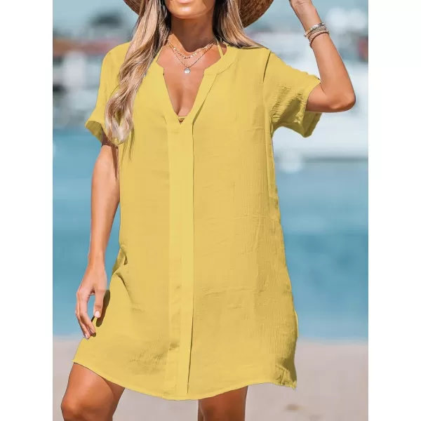imageCUPSHE Womens V Neck Cover Up Dress Short Sleeve Semisheer Beach Mini DressYellow