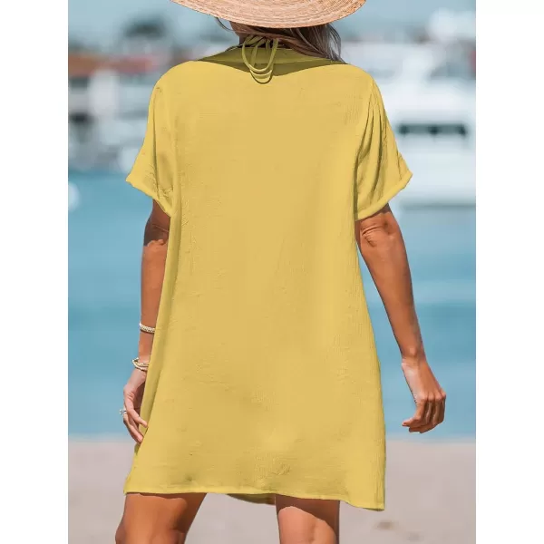 imageCUPSHE Womens V Neck Cover Up Dress Short Sleeve Semisheer Beach Mini DressYellow