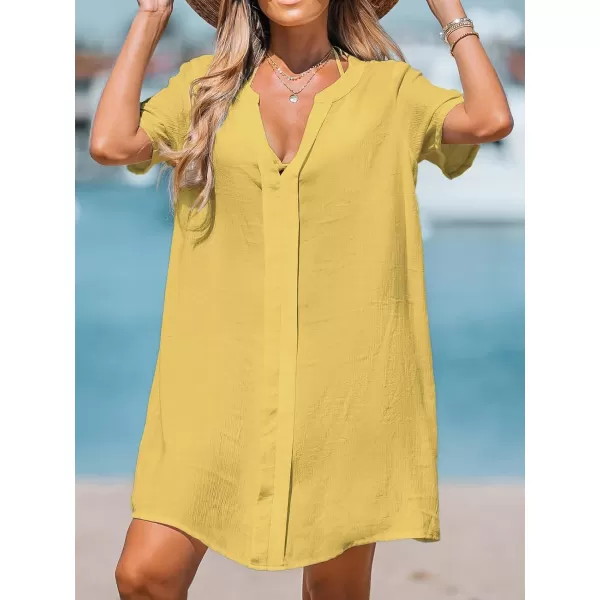 imageCUPSHE Womens V Neck Cover Up Dress Short Sleeve Semisheer Beach Mini DressYellow