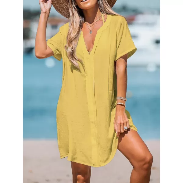 imageCUPSHE Womens V Neck Cover Up Dress Short Sleeve Semisheer Beach Mini DressYellow