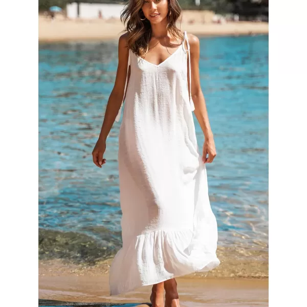 imageCUPSHE Womens V Neck Cover Up Dress Sleeveless Ruffled Spaghetti Straps Beach Maxi DressWhite