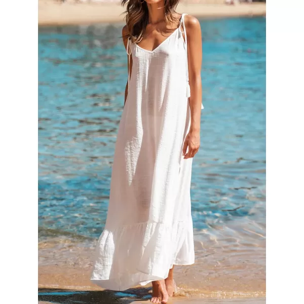 imageCUPSHE Womens V Neck Cover Up Dress Sleeveless Ruffled Spaghetti Straps Beach Maxi DressWhite