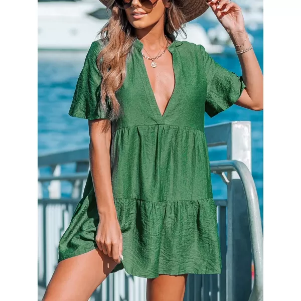 imageCUPSHE Womens V Neck Cover Ups Dress Short Sleeve Ruffle Beach Casual CoverupForest Green