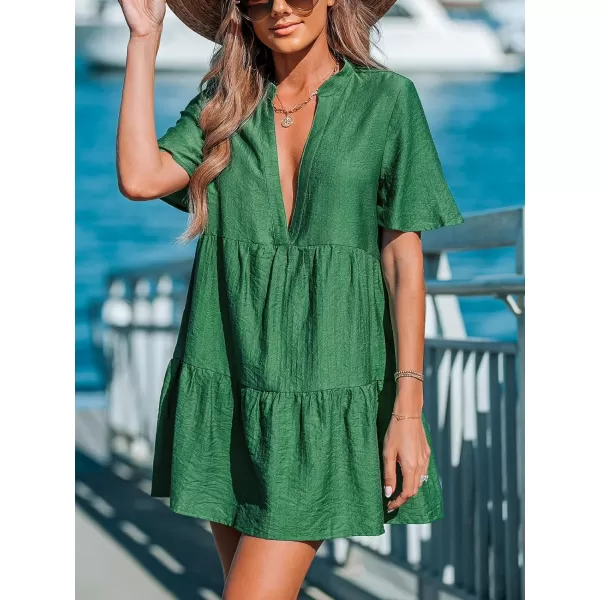 imageCUPSHE Womens V Neck Cover Ups Dress Short Sleeve Ruffle Beach Casual CoverupForest Green