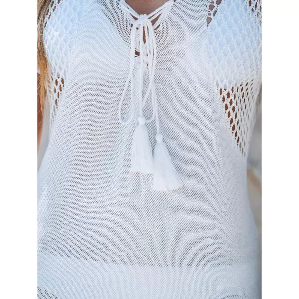 imageCUPSHE Womens V Neck Crochet Fringe Hole Short Sleeve CoverUp Mini DressWhite