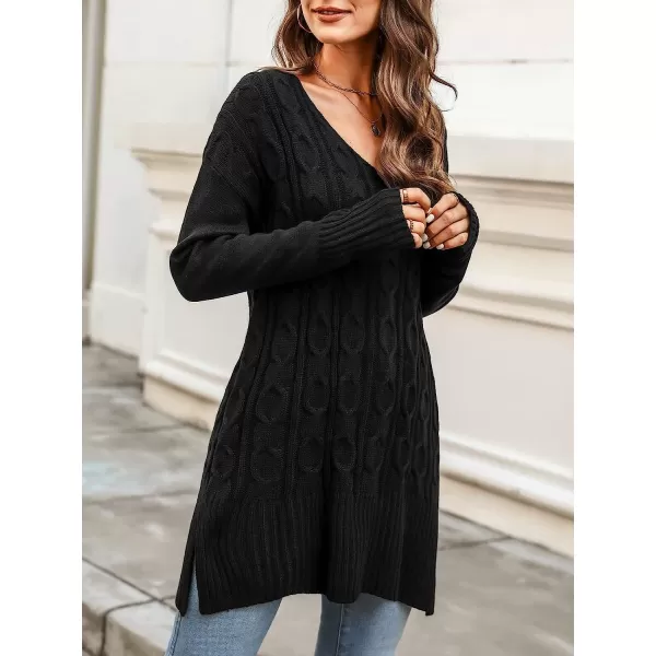 imageCUPSHE Womens V Neck Crochet Sweater Long Sleeve Chunky Casual Knitted Pullover Sweater DressBlack