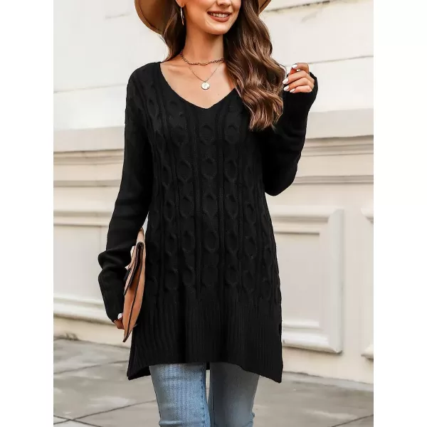 imageCUPSHE Womens V Neck Crochet Sweater Long Sleeve Chunky Casual Knitted Pullover Sweater DressBlack