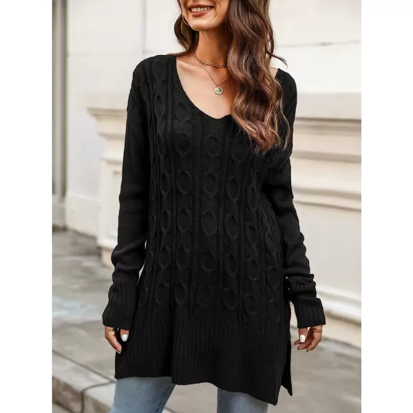imageCUPSHE Womens V Neck Crochet Sweater Long Sleeve Chunky Casual Knitted Pullover Sweater DressBlack