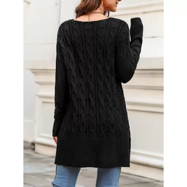imageCUPSHE Womens V Neck Crochet Sweater Long Sleeve Chunky Casual Knitted Pullover Sweater DressBlack