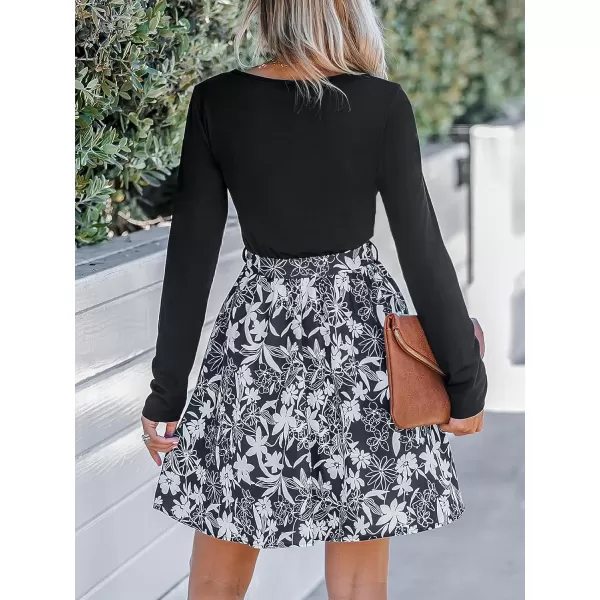 imageCUPSHE Womens V Neck Disty Floral Print Long Sleeve Belted Mini Dress Casual A Line Short DressBlack