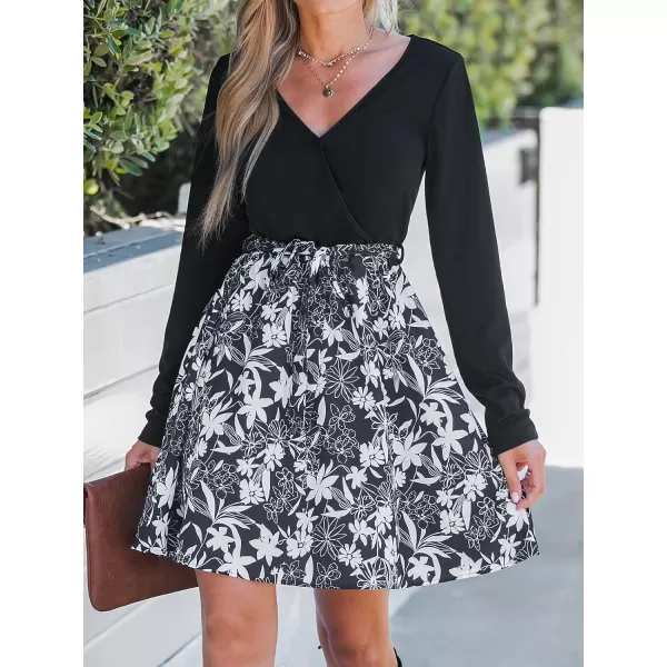 imageCUPSHE Womens V Neck Disty Floral Print Long Sleeve Belted Mini Dress Casual A Line Short DressBlack