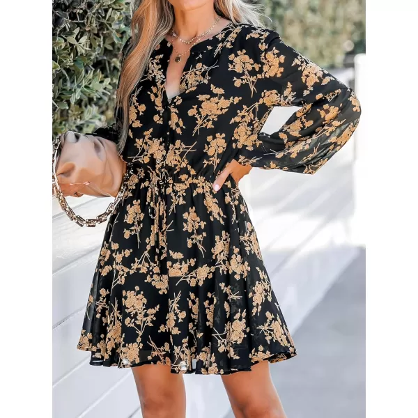 imageCUPSHE Womens V Neck Disty Floral Print Long Sleeve Button Front Mini Dress Casual Belted A Line Short DressBlack
