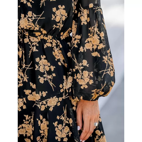 imageCUPSHE Womens V Neck Disty Floral Print Long Sleeve Button Front Mini Dress Casual Belted A Line Short DressBlack